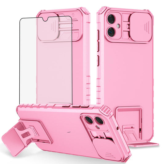 Asuwish Phone Case for Samsung Galaxy A05 with Tempered Glass Screen Protector and Slide Camera Cover Kickstand Stand Slim Protective Mobile Hard Hybrid Back Cell Accessories Ao5 A 05 Women Men Pink